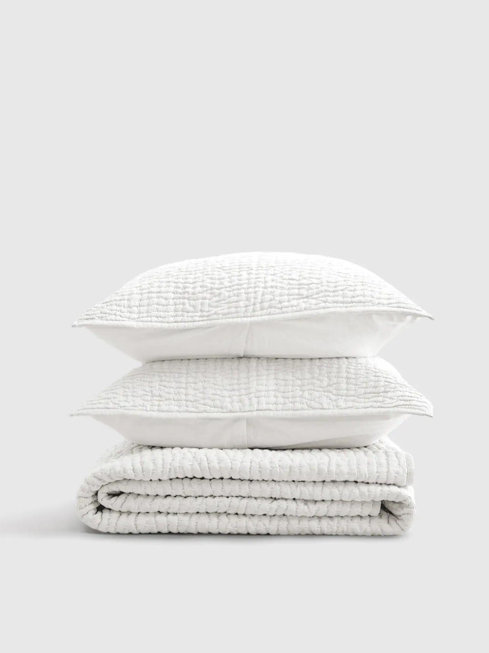 Quince Like New European Linen Cotton Stitch Quilt 3 Pc Set, King/CalKing, White